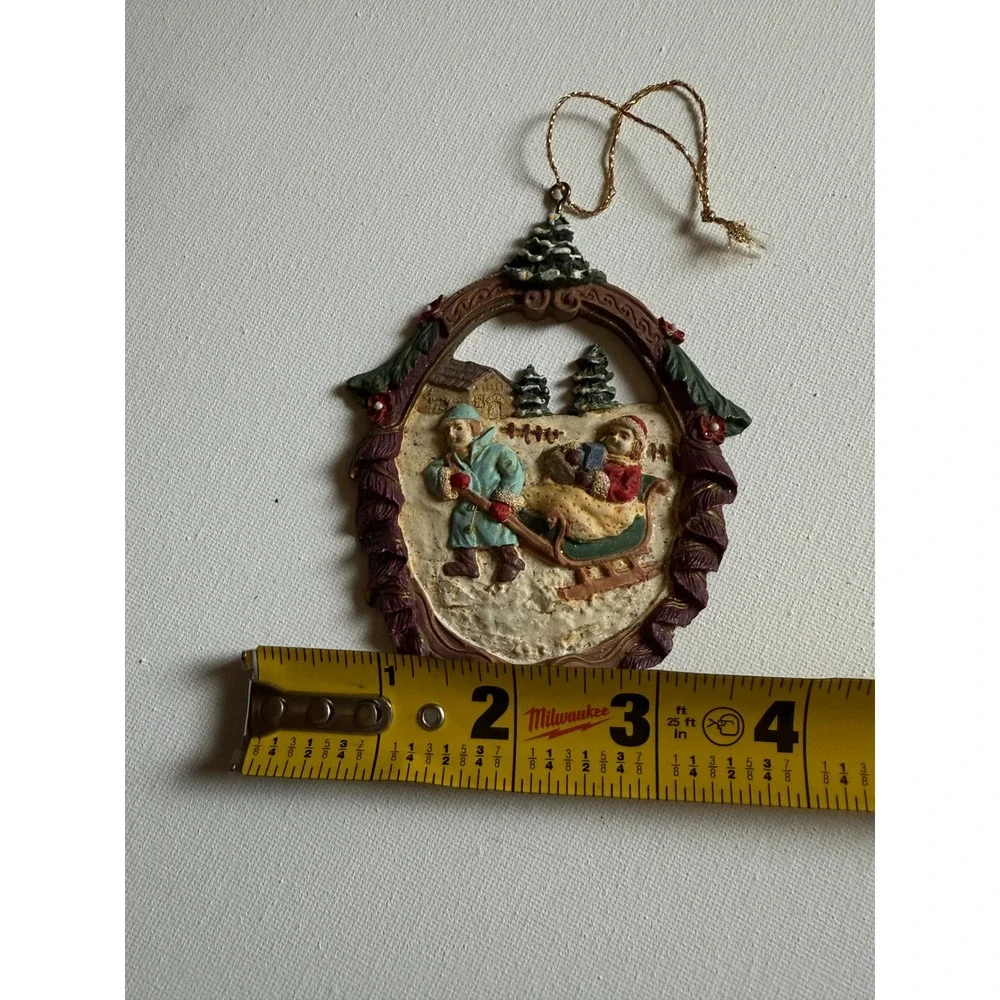 Vintage Ceramic Christmas Ornament Children with Sled Winter Scene 4 Inch